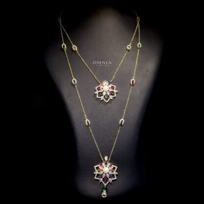 Omnia Safa Golden Multi Colored Bridal Long Chain Set in High Quality Zircon Stone Rhodium Plated - Image 2