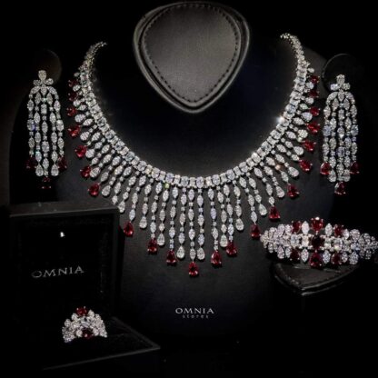 Omnia Rubin Red Bridal Full Set in High Quality Zircon Stone Rhodium Plated