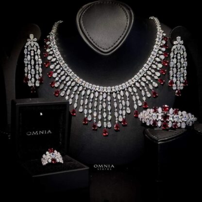Omnia Rubin Red Bridal Full Set in High Quality Zircon Stone Rhodium Plated - Image 2