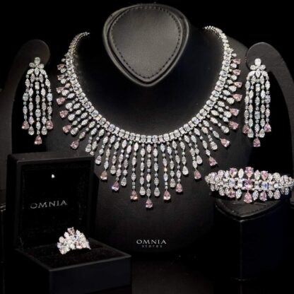 Omnia Rubin Pink Bridal Full Set Accessories in High Quality Zircon Stone Rhodium Plated