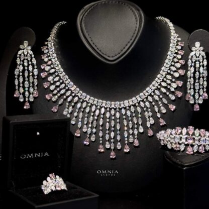 Omnia Rubin Pink Bridal Full Set Accessories in High Quality Zircon Stone Rhodium Plated - Image 3