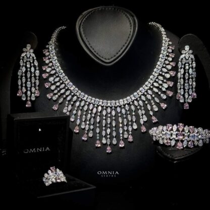 Omnia Rubin Pink Bridal Full Set Accessories in High Quality Zircon Stone Rhodium Plated - Image 2