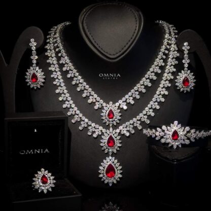 Omnia Soren Red Bridal Full Set Accessories in High Quality Zircon Stone Rhodium Plated - Image 2