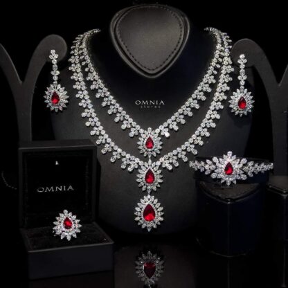 Omnia Soren Red Bridal Full Set Accessories in High Quality Zircon Stone Rhodium Plated