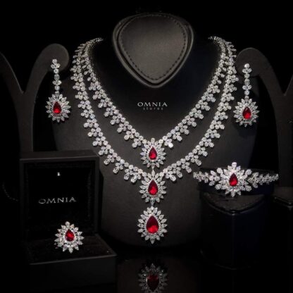 Omnia Soren Red Bridal Full Set Accessories in High Quality Zircon Stone Rhodium Plated - Image 3
