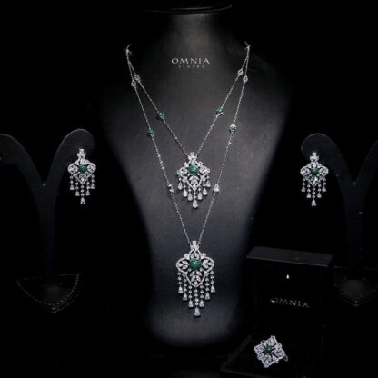 Omnia Abeer Green Long chain Set High Quality Zircon Stone In Rhodium Plated