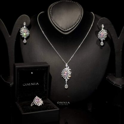 Omnia Sandra Pink Set Accessories in High Quality Zircon Stone Rhodium Plated