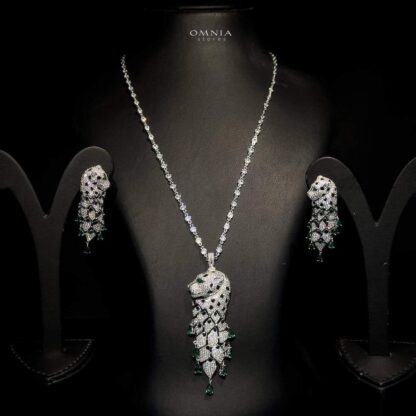 Omnia Leopard Green Set Long Chain 92.5 Pure Silver High Quality Simulated diamonds