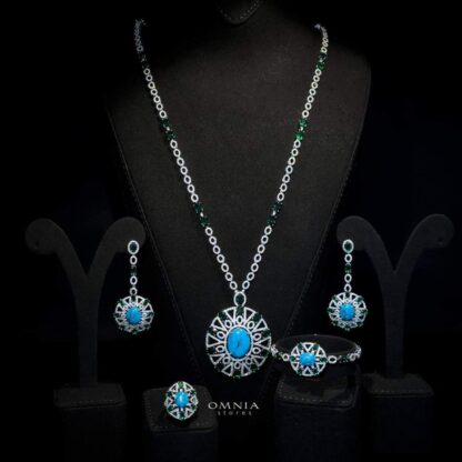 Omnia Ayala Blue & Green Bridal Long Chain Full Set Accessories High Quality Zircon Stone In Rhodium Plated