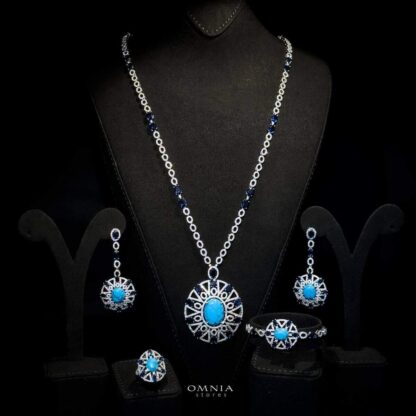 Omnia Ayala Blue Bridal Long Chain Full Set Accessories High Quality Zircon Stone In Rhodium Plated