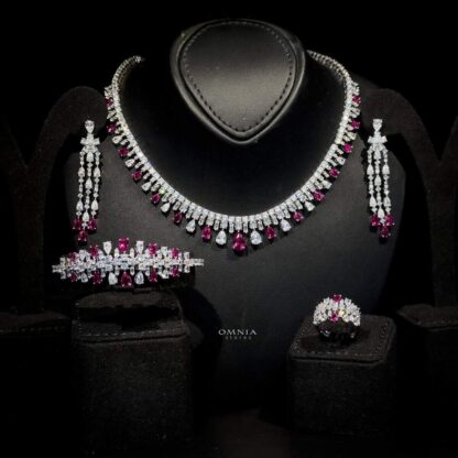 Omnia Nisrine Maroon Bridal Full Set Accessories in High Quality Zircon Stone in Rhodium Plated - Image 5