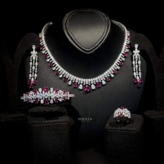 Omnia Nisrine Maroon Bridal Full Set Accessories in High Quality Zircon Stone in Rhodium Plated