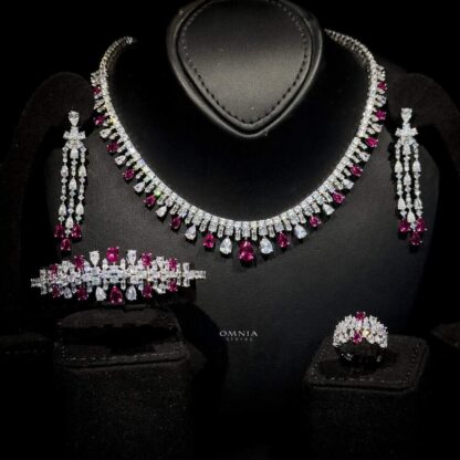 Omnia Nisrine Maroon Bridal Full Set Accessories in High Quality Zircon Stone in Rhodium Plated - Image 6