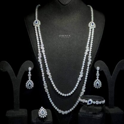 Omnia Ahad Bridal Blue Long chain Set Accessories High Quality Zircon Stone In Rhodium Plated