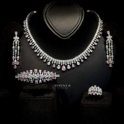 Omnia Nisrine Pink Bridal Full Set in High Quality Zircon Stone in Rhodium Plated - Image 3