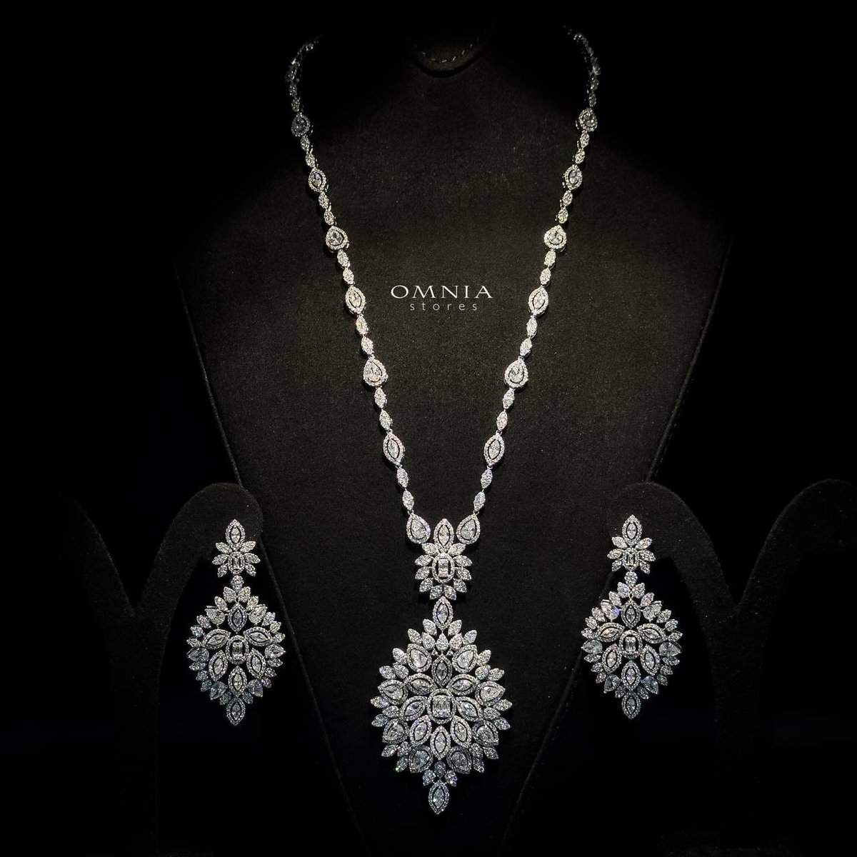 Omnia Abeer Bridal Long chain Set High Quality Zircon Stone In Rhodium Plated