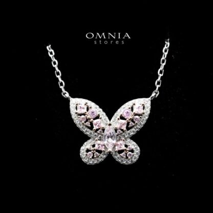 Omnia Dalia Pink Butterfly Necklace In 92.5 Silver High Quality Simulated Diamonds