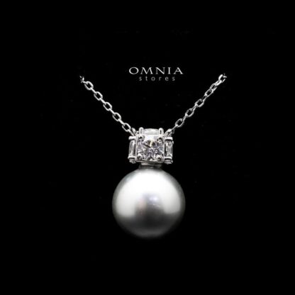 Omnia Belle Silver Pearl Necklace In 92.5 Silver High Quality Simulated Diamonds
