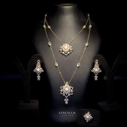 Omnia Safa Golden White Bridal Long Chain Set Accessories in High Quality Zircon Stone Rhodium Plated