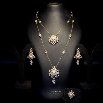 Omnia Safa Golden White Bridal Long Chain Set Accessories in High Quality Zircon Stone Rhodium Plated - Image 2