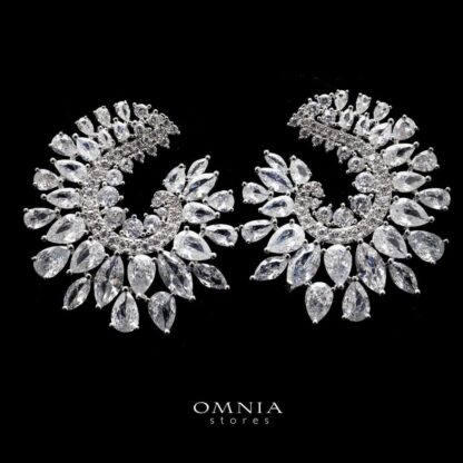Omnia Lura Marquise Cut Crescent Stud Earrings in High Quality Zircon Stone Rhodium Plated