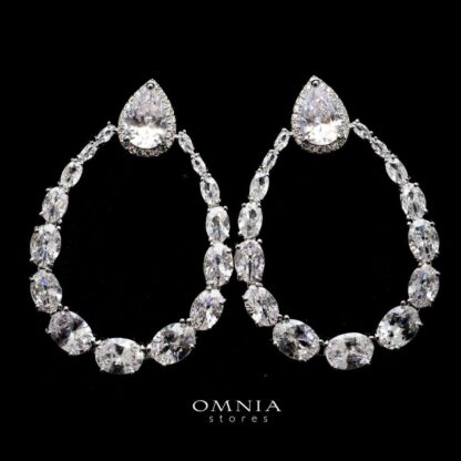 Omnia Celesti Oval Drop Earrings with Pear Cut Brilliant High Quality Zircon Accents Rhodium Plated