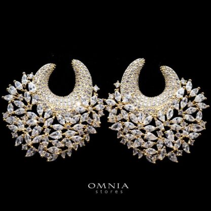 Omnia Layla Golden Floral Crescent Hoop Earrings High Quality Zircon Stone Rhodium Plated - Image 2