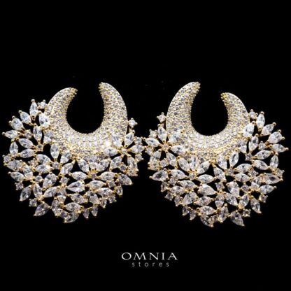 Omnia Layla Golden Floral Crescent Hoop Earrings High Quality Zircon Stone Rhodium Plated