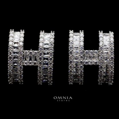 Omnia Laila Double H Earrings In High Quality Zircon Stone Rhodium Plated