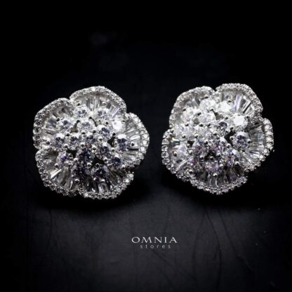 Omnia Hannah White Cluster Earrings in High Quality Zircon Stone Rhodium Plated