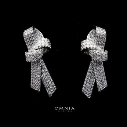 Omnia Elegant White Knot Earrings in High Quality Zircon Stone Rhodium Plated - Image 2