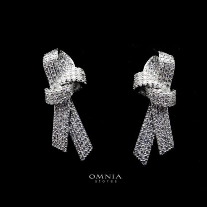 Omnia Elegant White Knot Earrings in High Quality Zircon Stone Rhodium Plated