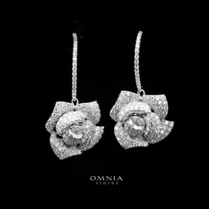 Omnia Rosenda Flower Earrings in High Quality Zircon Stone Rhodium Plated
