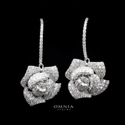 Omnia Rosenda Flower Earrings in High Quality Zircon Stone Rhodium Plated - Image 2