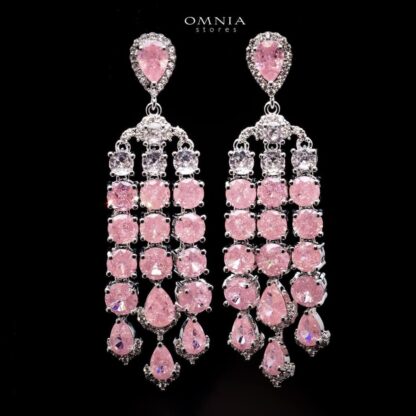 Omnia Alyazia Pink Chandelier Earrings with Teardrop and Round Zircon in High Quality Rhodium Plated - Image 2