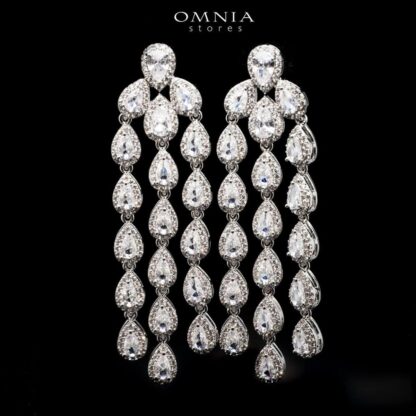 Omnia Sunshine White Cascade Drop Earrings in High Quality Zircon Stone Rhodium Plated