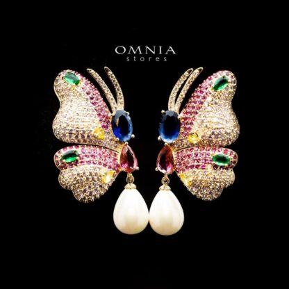 Omnia Farah Golden Butterfly Earrings with Multicolor Accents and Pearl Drops in High Quality Zircon Stone Rhodium Plated