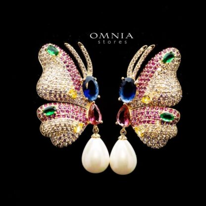 Omnia Farah Golden Butterfly Earrings with Multicolor Accents and Pearl Drops in High Quality Zircon Stone Rhodium Plated - Image 2