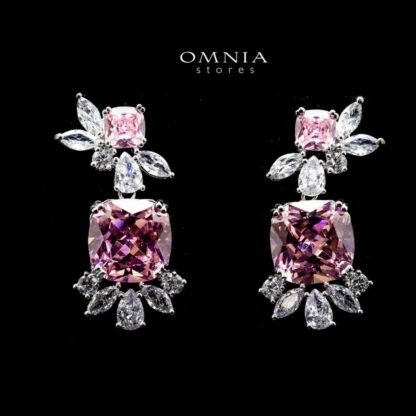 Omnia Francine Pink Cushion Cut Drop Earrings with White Accents in High Quality Zircon Stone Rhodium Plated - Image 2