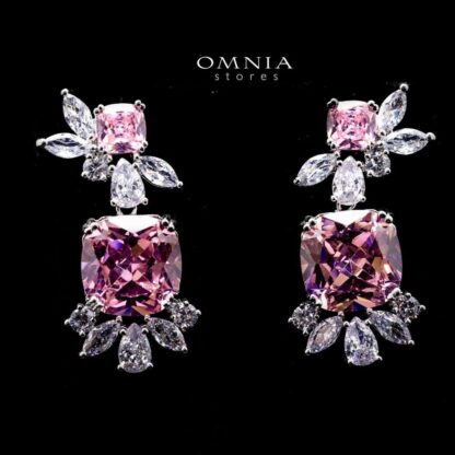 Omnia Francine Pink Cushion Cut Drop Earrings with White Accents in High Quality Zircon Stone Rhodium Plated