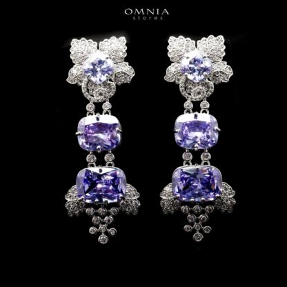 Omnia Colet Floral Drop Earrings with Purple Cushion Cut Zircon Stone in High Quality Rhodium Plated