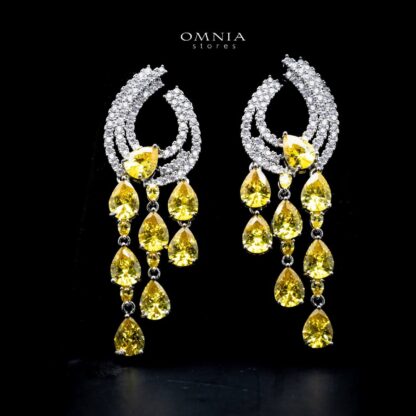 Omnia Rowdha Yellow Teardrop Chandelier Earrings with White Zircon Accents in High Quality Rhodium Plated