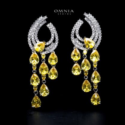 Omnia Rowdha Yellow Teardrop Chandelier Earrings with White Zircon Accents in High Quality Rhodium Plated - Image 2
