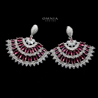 Omnia Nancy Fan Shaped Earrings with Red Zircon Stone in High Quality Rhodium Plated