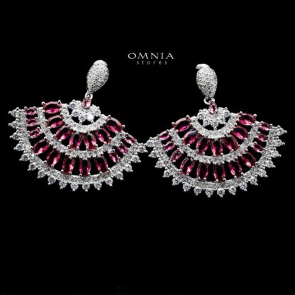 Omnia Nancy Fan Shaped Earrings with Red Zircon Stone in High Quality Rhodium Plated - Image 2