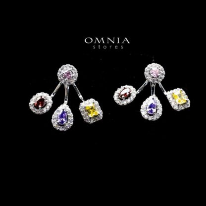 Omnia Naif Multi-Drop Stud Earrings with Multicolor Zircon Stone in High Quality Rhodium Plated - Image 2