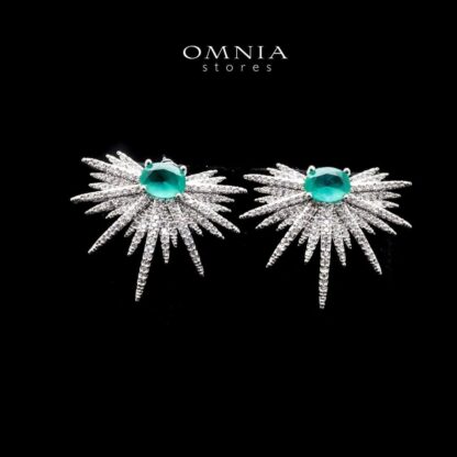Omnia Hadil Starburst Stud Earrings with Emerald Green Zircon Stone in High Quality Rhodium Plated - Image 2