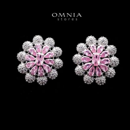 Omnia Randa Blossom Stud Earrings with Pink and White Zircon Stone in High Quality Rhodium Plated