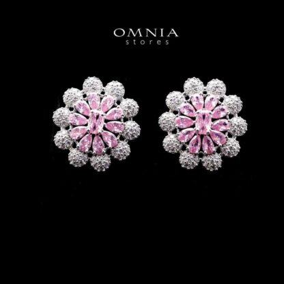 Omnia Randa Blossom Stud Earrings with Pink and White Zircon Stone in High Quality Rhodium Plated - Image 2