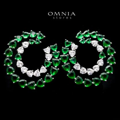 Omnia Basma Infinity Hoop Earrings with White & Green Heart Cut Zircon in High Quality Rhodium Plated